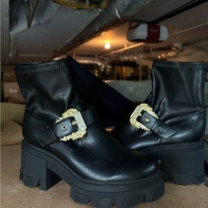 Versace Couture Black Chunky Ankle Boots with Gold Buckle